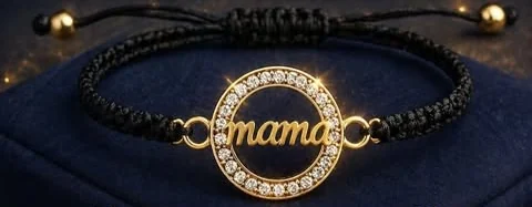 Pulsera de hilo macramé negro con un aro de circonitas y la palabra mamá en oro.